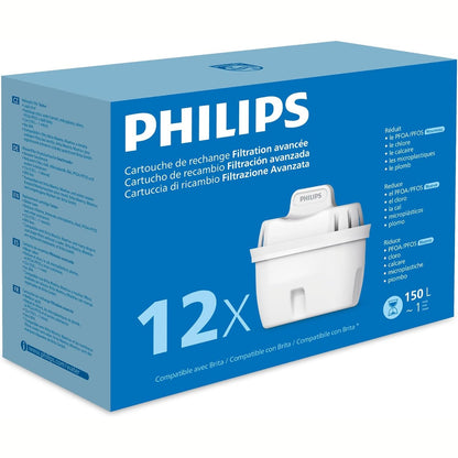 226480 - PHILIPS Filtra uji zëvendësues Advanced Filtration, pako me 12 copë, zvogëlon mikroplastikat, klorin, gëlqeren, metalet e rënda, i pajtueshëm me Brita