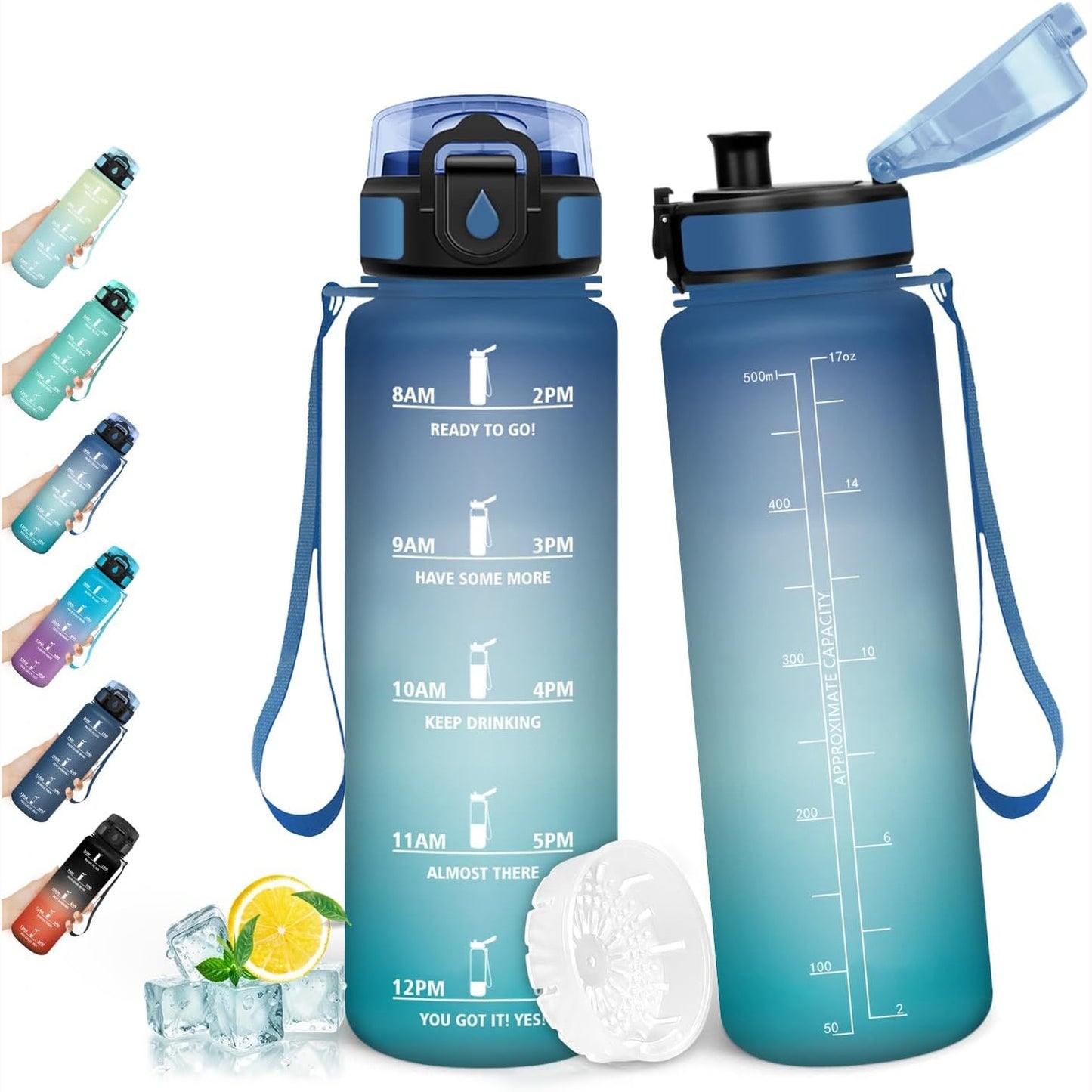 224343 - HONEYHOLLY Shishe uji 500ml e papërshkueshme nga rrjedhjet me shënues kohe, Shishe sportive me filtër, e përshtatshme për pije të gazuara