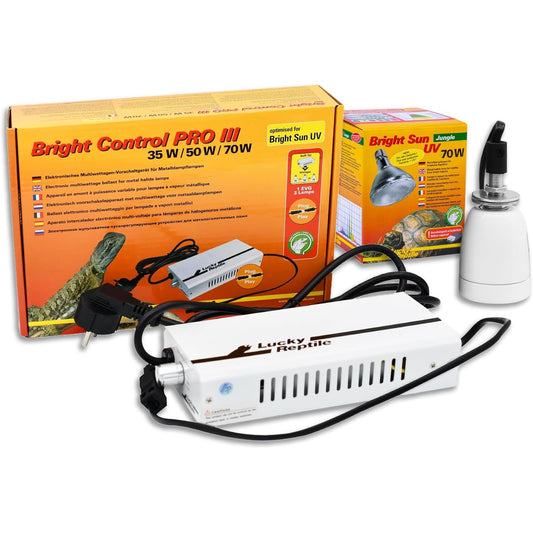 199040 - LUCKY REPTILE Set i Plotë Bright Sun UV Jungle - Llambë Halide Metalike 70W me Prizë dhe Balast - Llambë Ngrohëse për Reptile me Prizë Qeramike Rezistente ndaj Nxehtësisë, 1 copë (1 Pako)