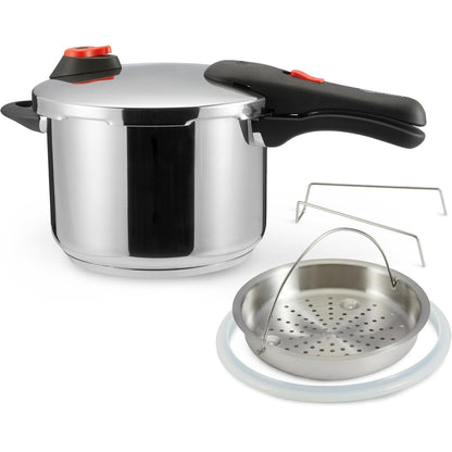 204145 - AMAZON BASICS Tenxhere me Presion prej Çeliku Inox me Avullore, Kapacitet 6 Litra, Ngjyra Argjendi