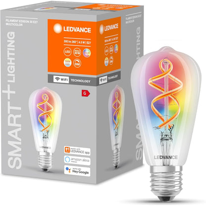 198002 - LEDVANCE Llambë LED Inteligjente me Wi-Fi, E27, Ngjyra RGB të Ndryshueshme, Formë Edison, Filament RGB, Zëvendësim për 60W Llambë Inkandeshente, e Kontrollueshme me Alexa dhe Google