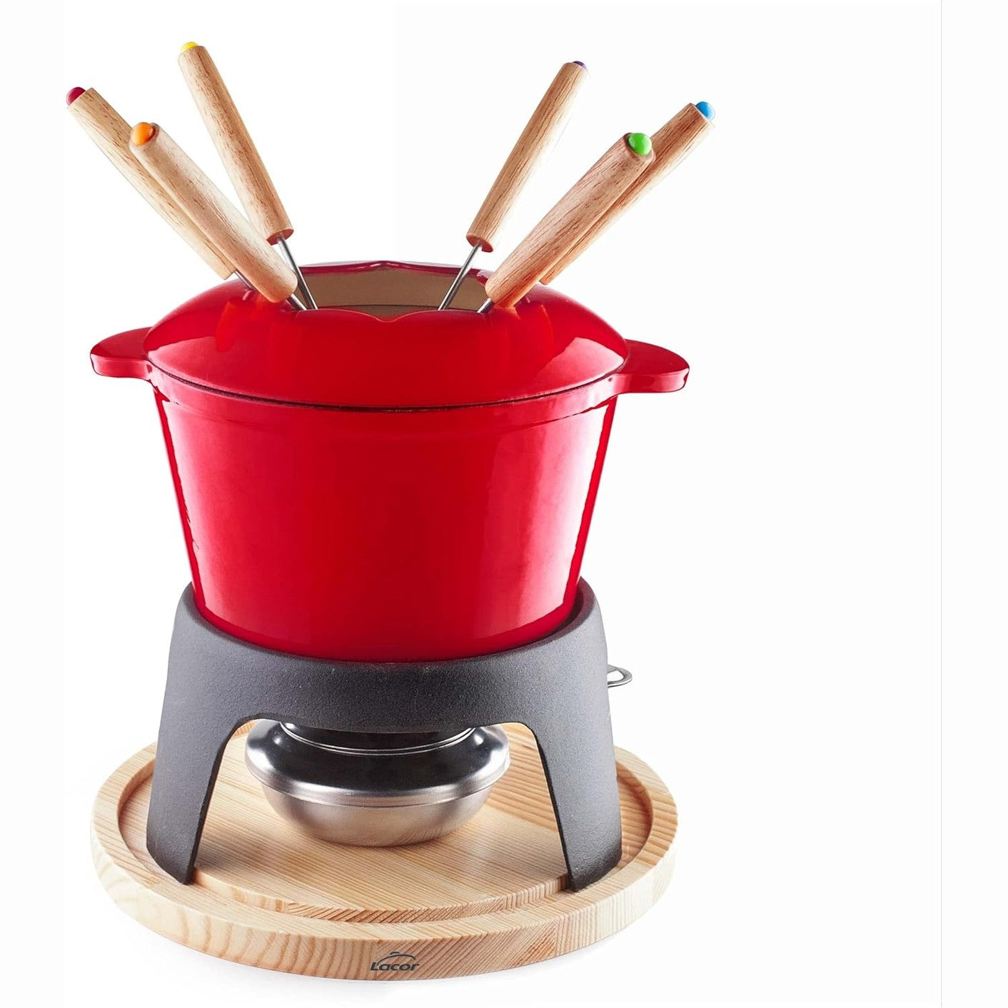 183345 - LACOR - Set Fondue prej Hekuri të Farkëtuar të Emaluar, Mbështetëse Hekuri me Bazë Druri, E Pajtueshme me Induksion, 6 Pirunë, Ø 16.5 x 10 cm (1.7 Litra), E Kuqe