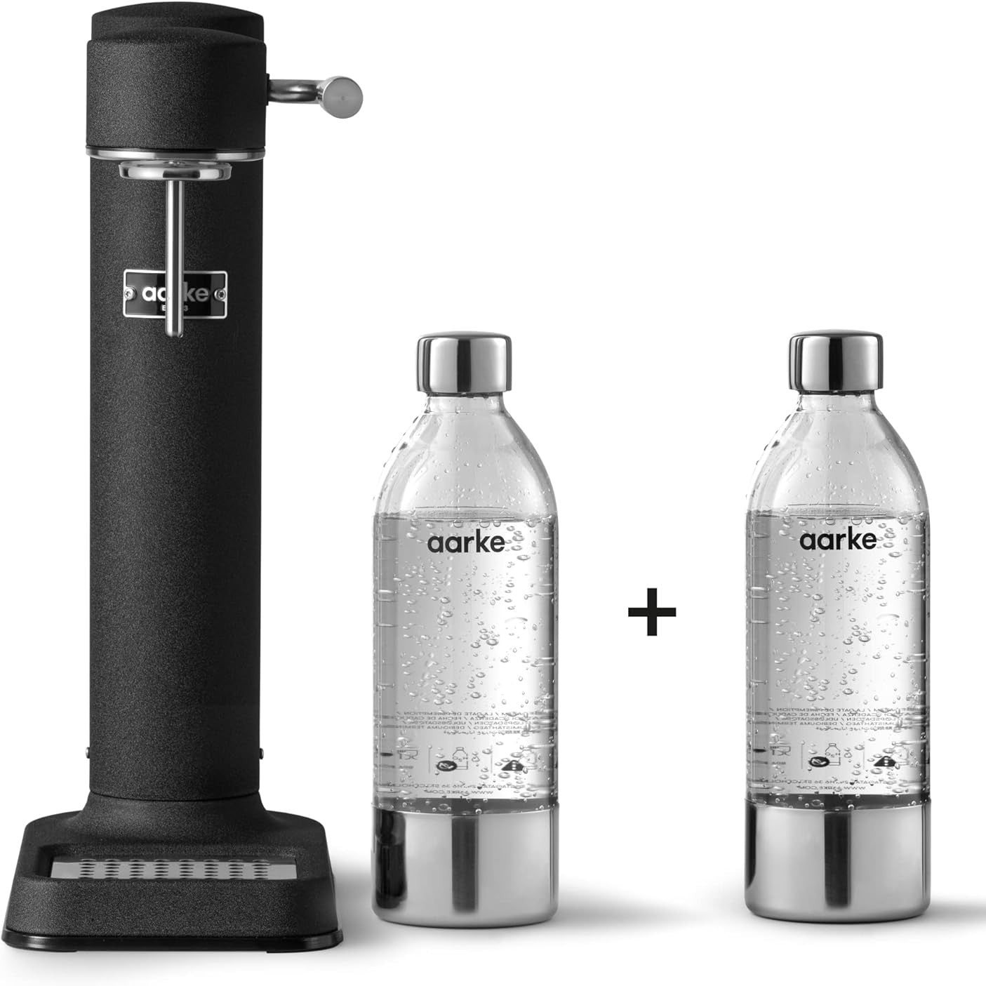 191050 - AARKE CARBONATOR 3, Karbonator Uji prej Çeliku Inox, Ngjyra e Zezë Mat, me 2 Shishe PET 1L pa BPA, Pajisje për Prodhimin e Ujit të Gazuar, e Pajtueshme me Cilindra CO2 60L