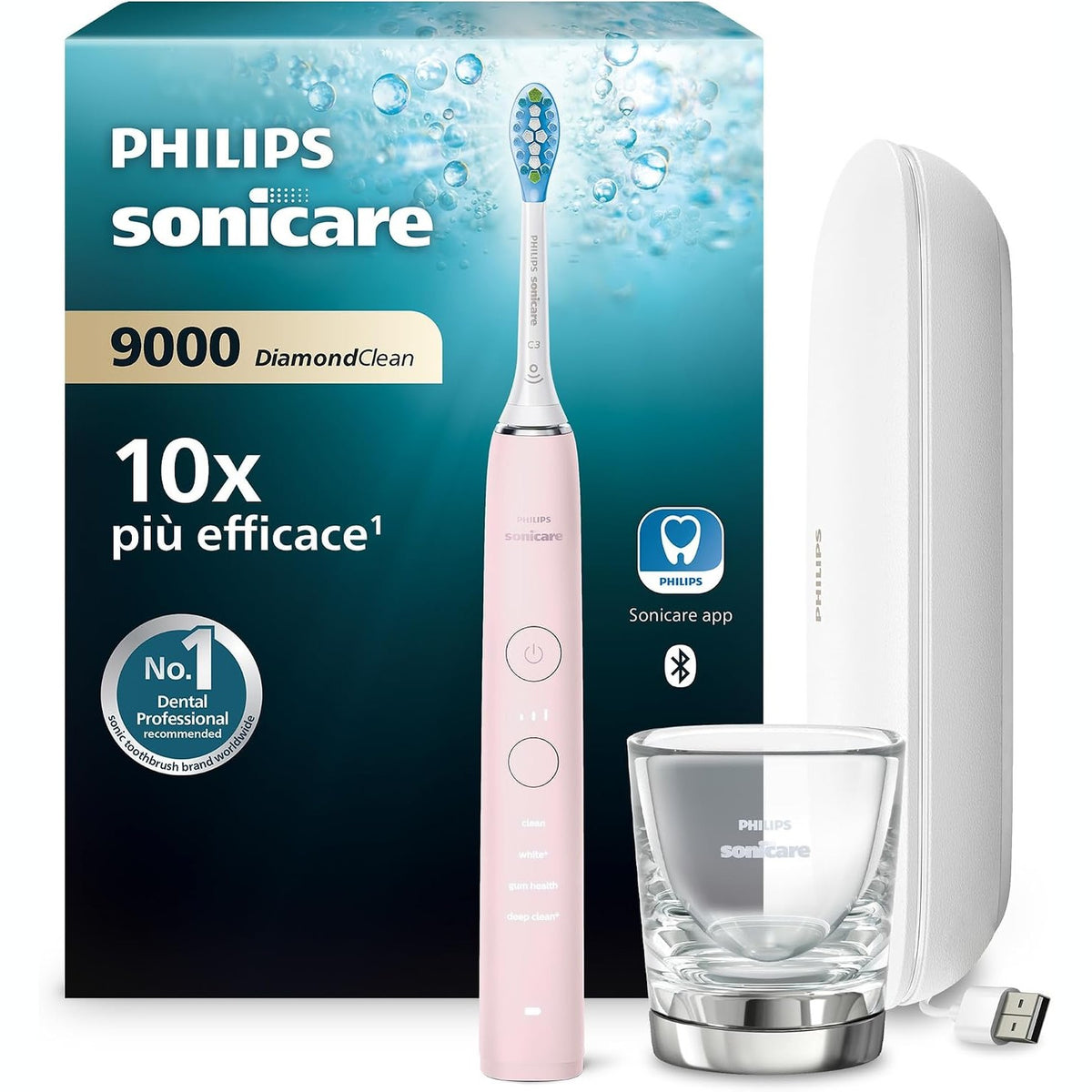 315081 - DiamondClean 9000, Furçë dhëmbësh elektrike Sonic, sensor presioni, 4 mënyra larjeje, 3 nivele intensiteti, xham karikimi, kuti udhëtimi USB, HX9911/29