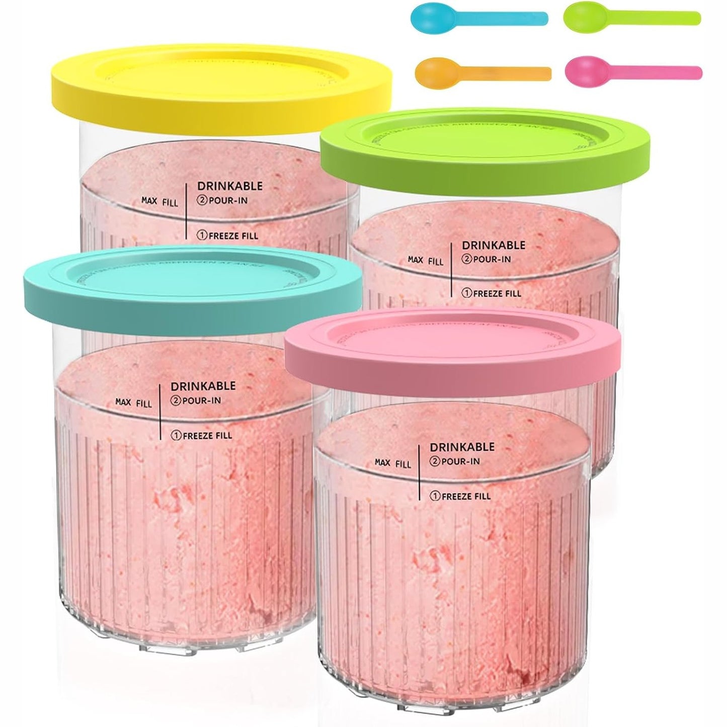 168351 - HEJO DELUXE Set 4 pjesësh për Makinën e Akullores Ninja Creamy NC500 NC501, Enë Akulloreje me Kapak dhe Lugë, Kapacitet 680ml, Aksesorë nga Ninja Creamy Tub