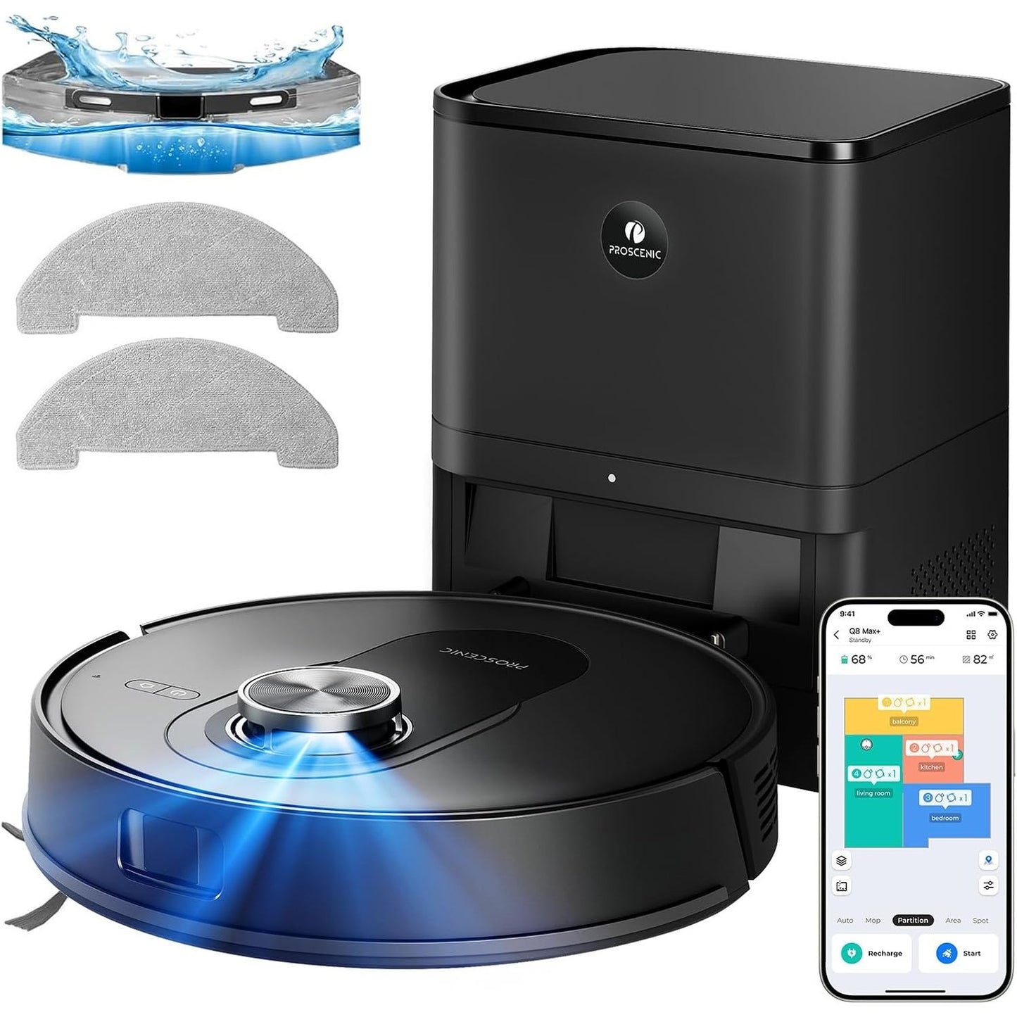 162035 - PROSCENIC Q8 MAX+ Fshesë Robot me Korrent, Hartëzim 8000Pa, Kapacitet 200 min, Shmangia Automatike e Pengesave, Lidhje WiFi/Alexa/Aplikacion, Përshtatshme për Qilima/Dysheme/Flokë