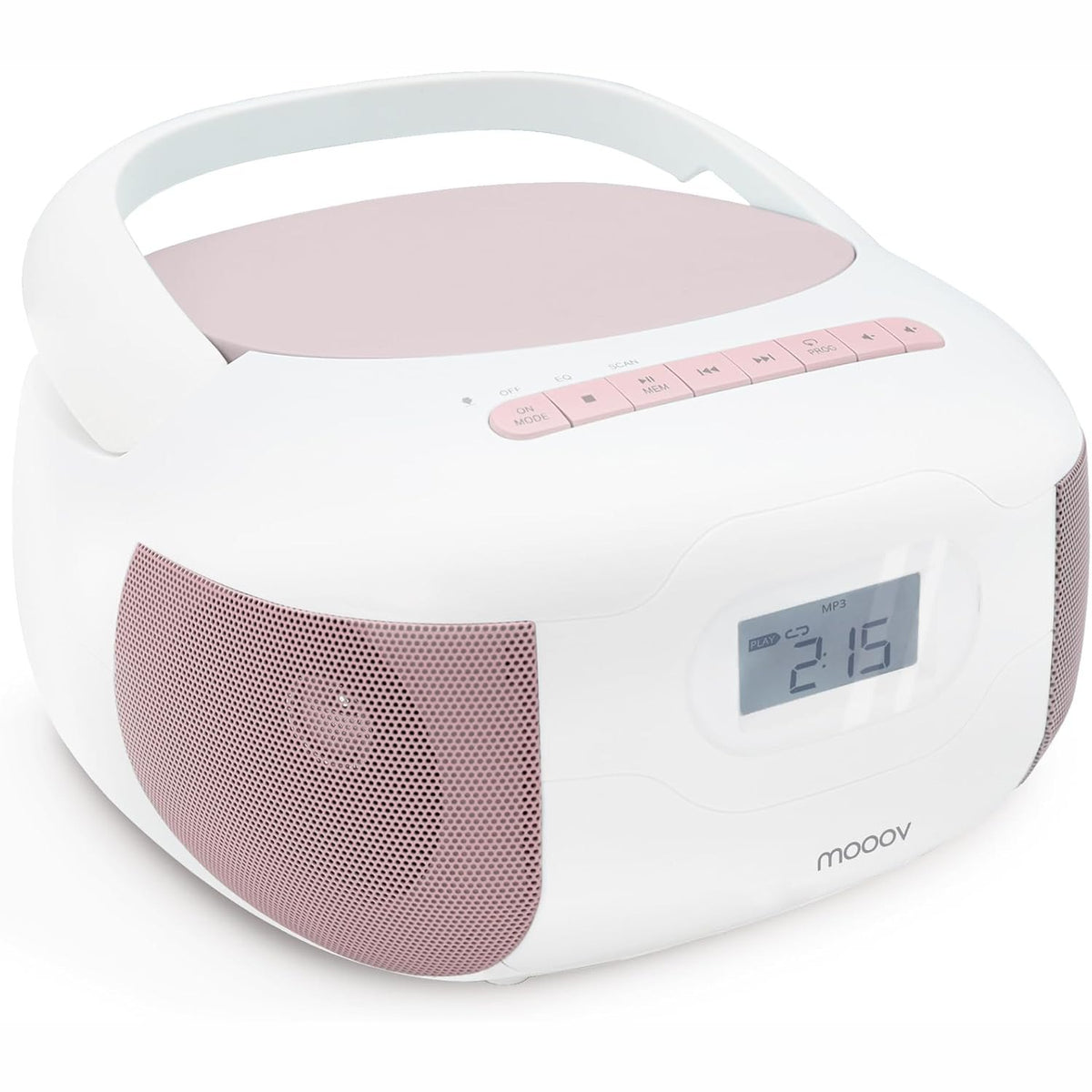 299333 - MOOOV Radio/CD 477185 me Bluetooth FM Portativ, MP3 Player Stereo Boombox me USB, AUX-in, Micro-SD dhe hyrje për kufje, Ekran LCD, energji elektrike ose me bateri, ngjyrë rozë