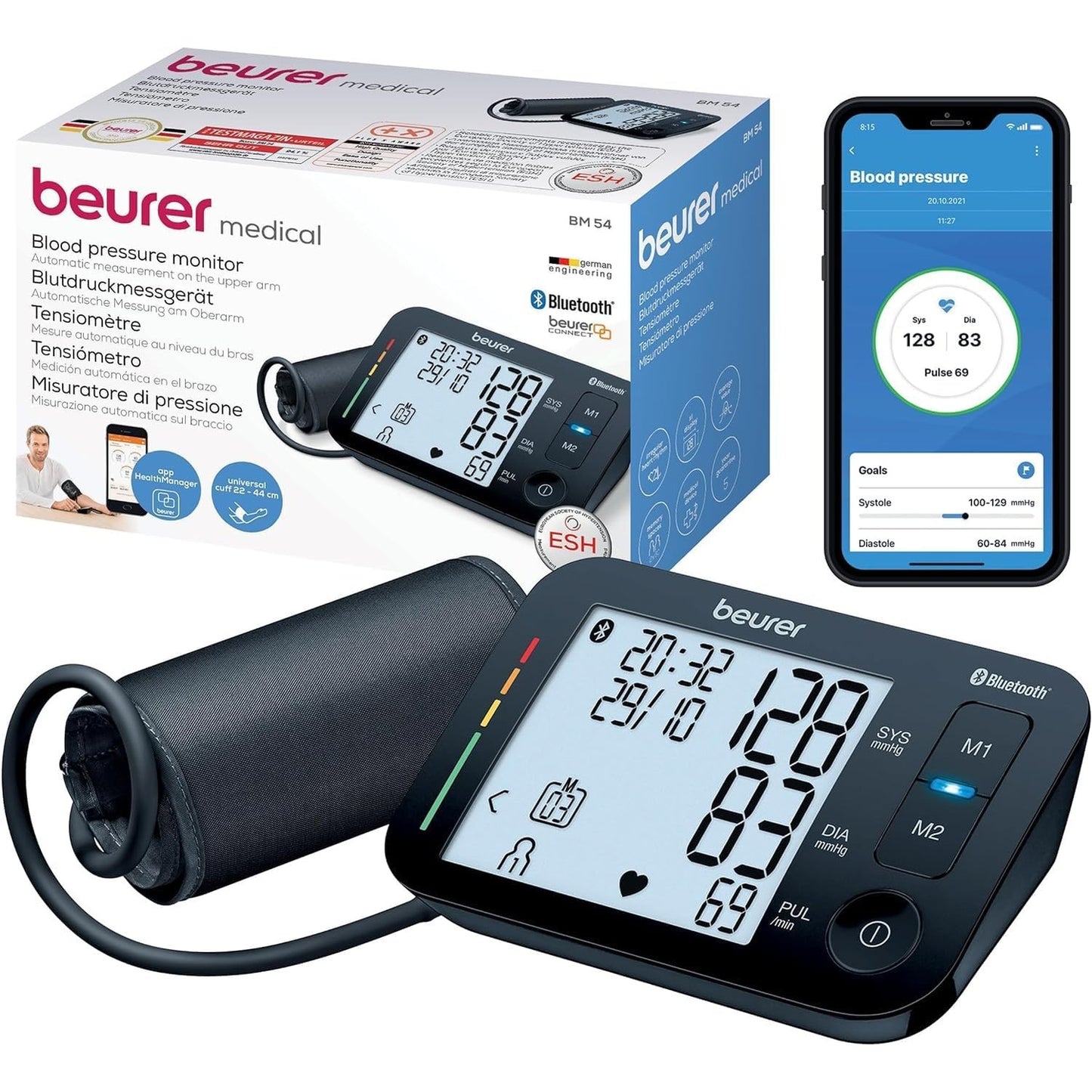 315575 - BEURER Monitor tensioni i gjakut BM 54, për krahët e sipërm, i validuar klinikisht, ekran XL, lidhje aplikacioni, zbulim i aritmisë, manshetë 22-44 cm