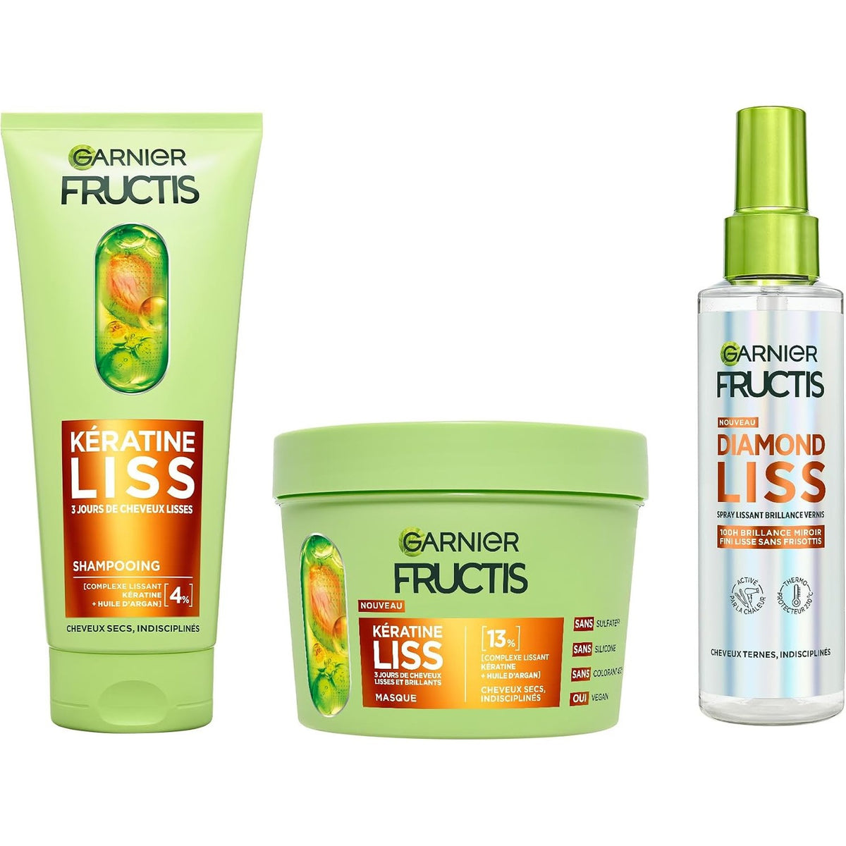 317203 - GARNIER FRUCTIS - Rutinë me 3 Produkte: Shampo, Mask dhe Sprej Zbutës për Flokë Diamond Liss, Keratinë Bimore dhe Vaj Argani