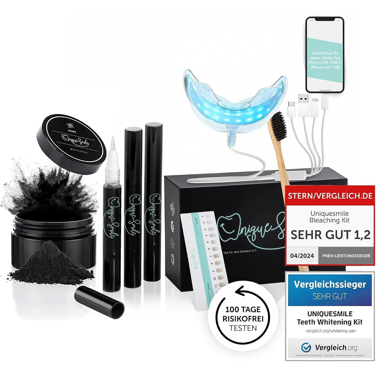 300432 - UNIQUE SMILE Kit zbardhues dhëmbësh me cilësi të lartë, provë 100-ditore pa rrezik, pako gjithçka-në-një për zbardhjen e dhëmbëve, set premium