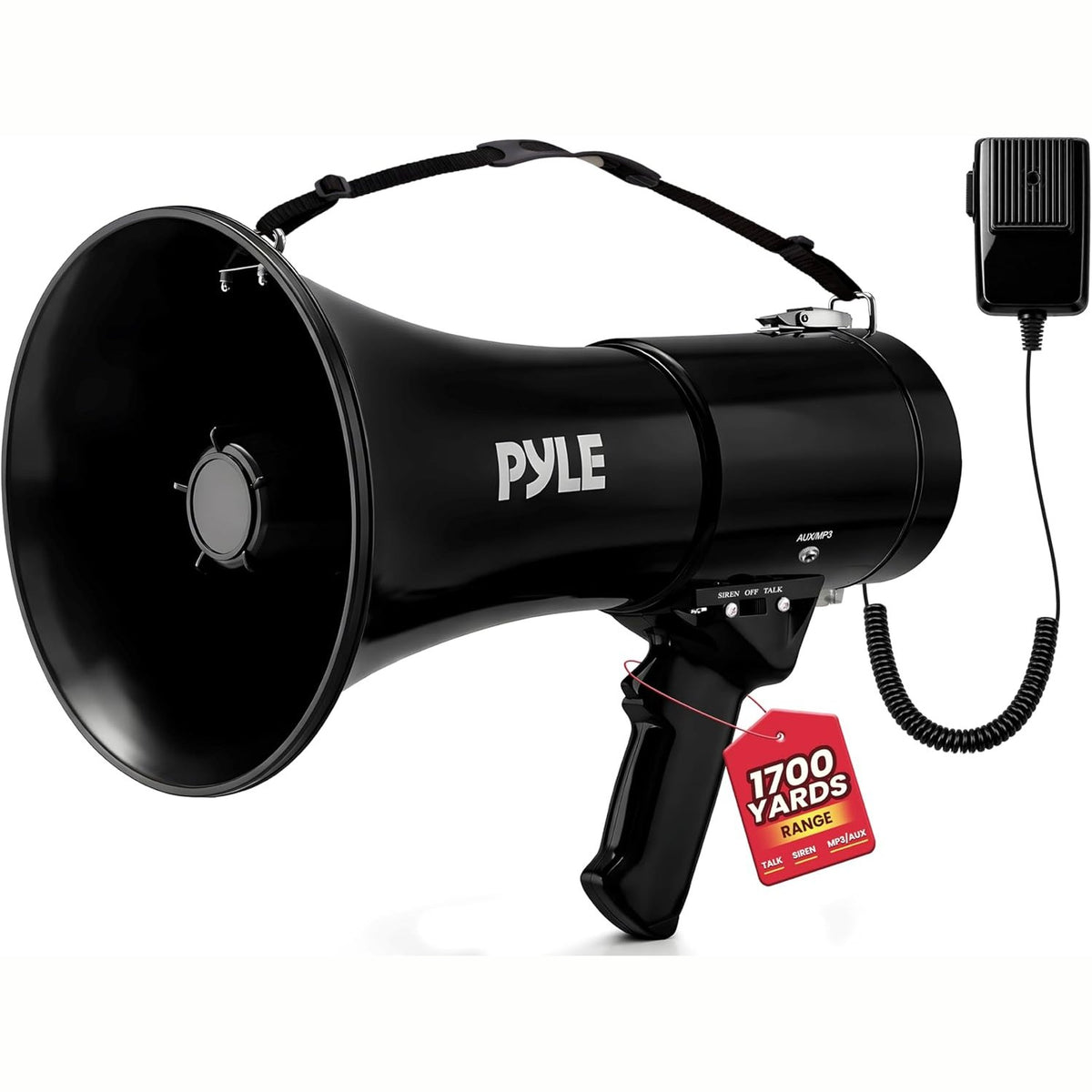 309842 - PYLE Altoparlant megafoni Bullhorn PA, Sirenë e integruar 50 vat, kontroll i rregullueshëm i volumit