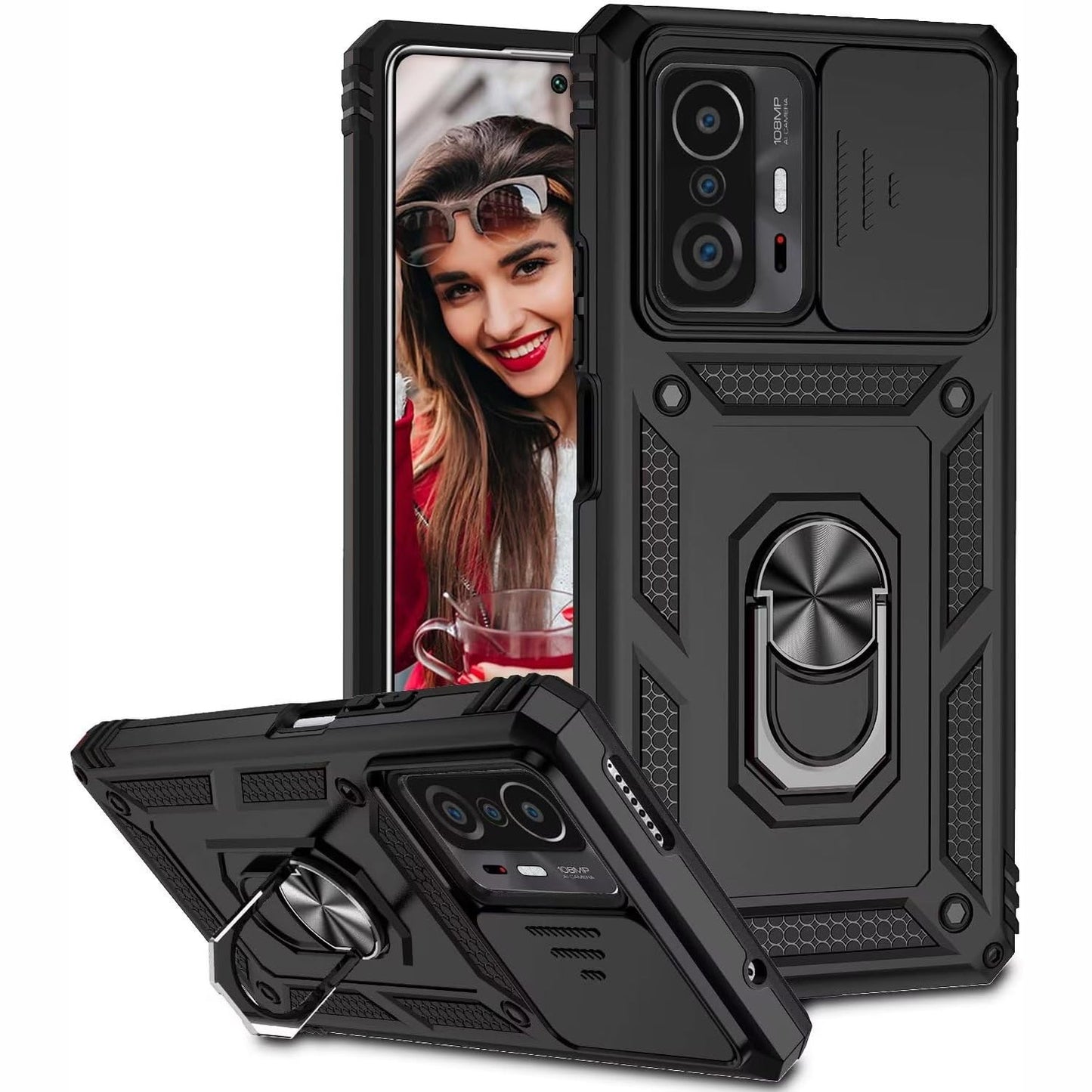 269425 - POUHYE Mbrojtëse për Xiaomi 11T / 11T Pro, Mbrojtëse Kamere, Mbështetëse Magnetike me Unazë Metalike 360°, PC e Fortë dhe Silikon TPU, Rezistent ndaj Goditjeve dhe Gërvishtjeve, e Zezë