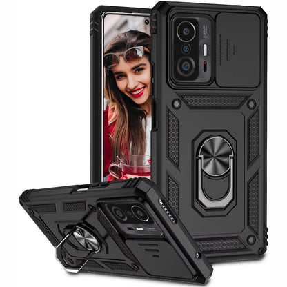 269425 - POUHYE Mbrojtëse për Xiaomi 11T / 11T Pro, Mbrojtëse Kamere, Mbështetëse Magnetike me Unazë Metalike 360°, PC e Fortë dhe Silikon TPU, Rezistent ndaj Goditjeve dhe Gërvishtjeve, e Zezë