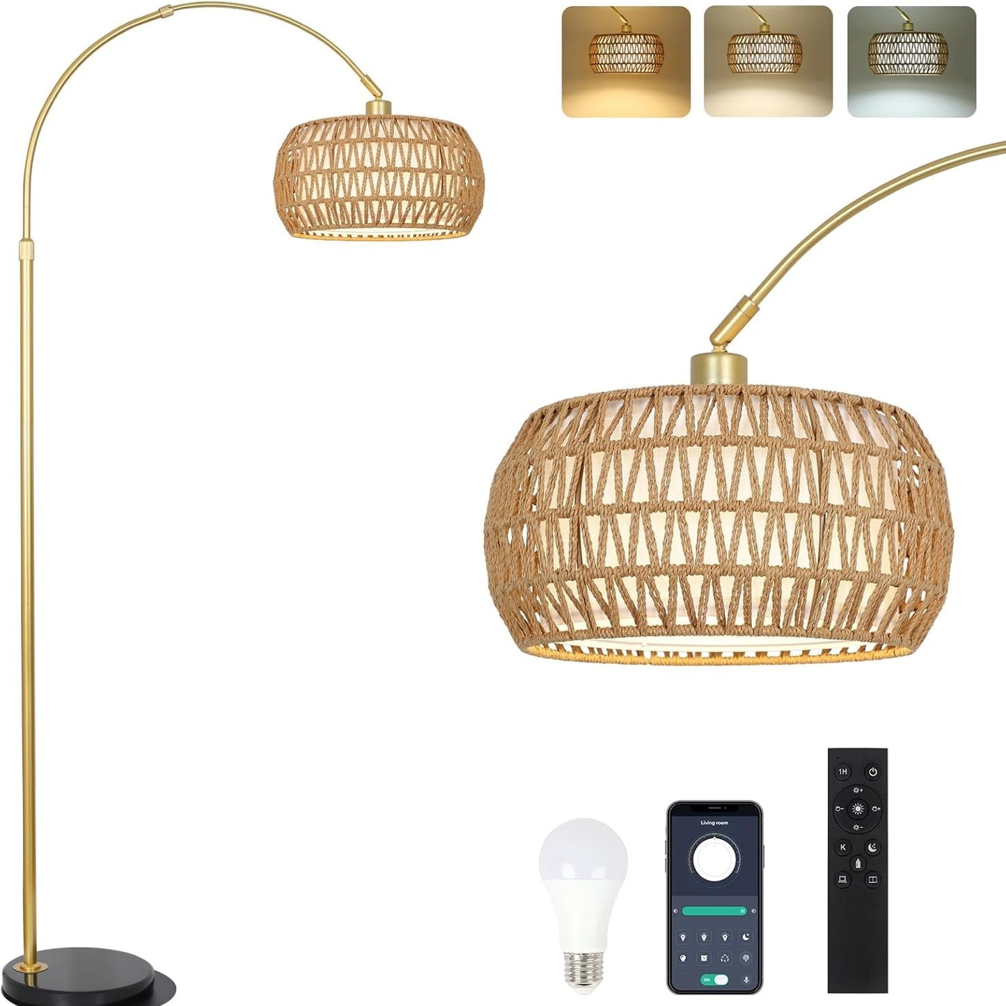 221190 - RAYOFLY Llambë Dyshemeje Moderne Gold me Perde Ratan, Dizajn Boho, Telekomandë, Llambë LED, Kontroll me Aplikacion, Errësim për Dhomë Gjumi
