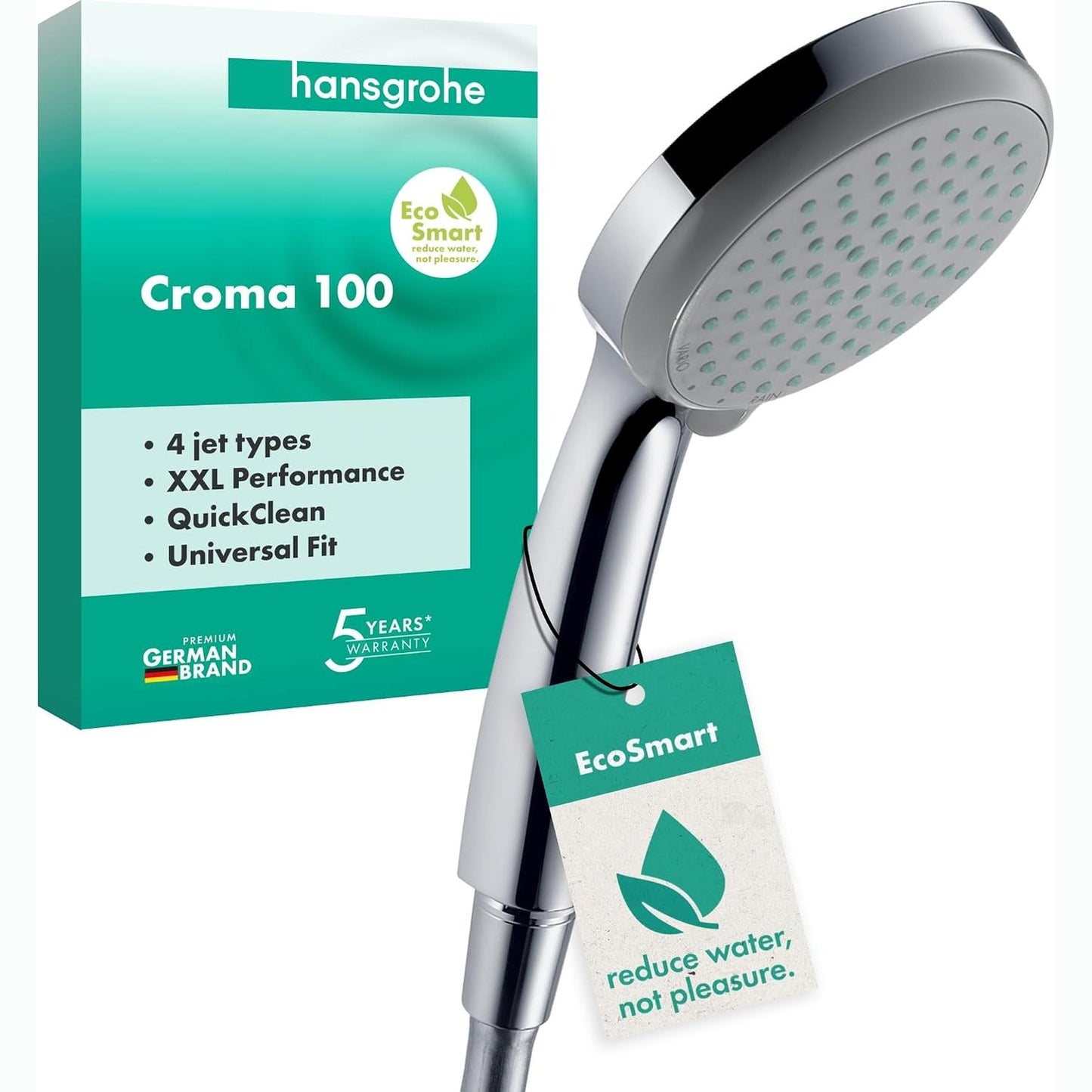 288721 - HANSGROHE Croma 100 Kokë dushi që kursen ujë me 9 l/min (EcoSmart), dush dore me 4 modele spërkatjeje, kokë dushi e rrumbullakët (diametër 100 mm), krom, 28537000