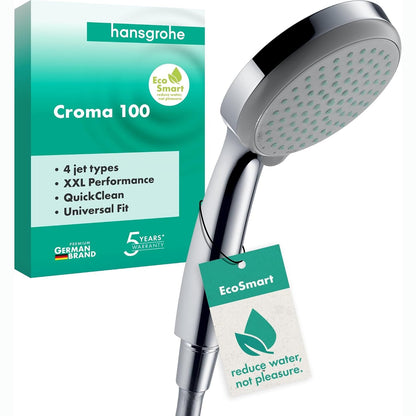 288721 - HANSGROHE Croma 100 Kokë dushi që kursen ujë me 9 l/min (EcoSmart), dush dore me 4 modele spërkatjeje, kokë dushi e rrumbullakët (diametër 100 mm), krom, 28537000