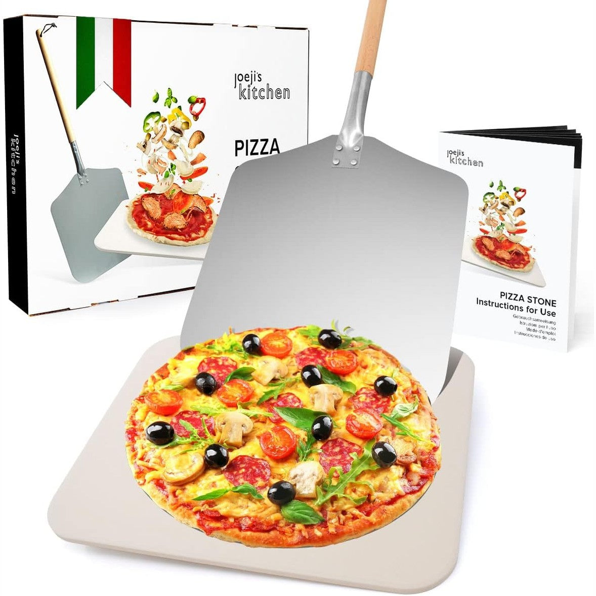 183568 - JOEJI - Gur Pice dhe Qërues Kuzhine, Gur Kordierit në Madhësi 30 x 38cm për Furrë Barbecue, Gur Aluminiumi me Doreza të Lëvizshme Prej Druri