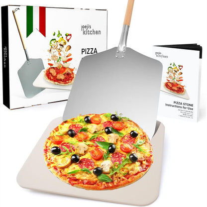 183568 - JOEJI - Gur Pice dhe Qërues Kuzhine, Gur Kordierit në Madhësi 30 x 38cm për Furrë Barbecue, Gur Aluminiumi me Doreza të Lëvizshme Prej Druri