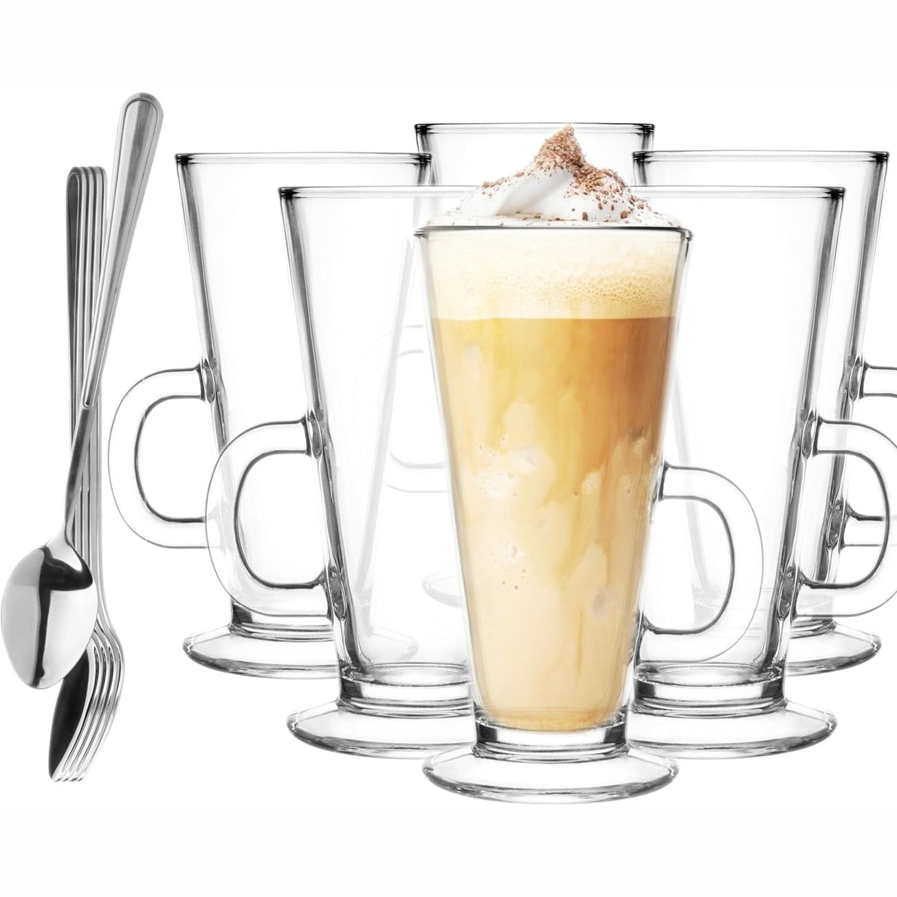 222212 - GLASMARK KROSNO 1992 - Set Gotash për Kafe me Doreza dhe Lugë, 6 Copë, 250 ml, Gota Qelqi, Të Mundshme për Lavatriçe