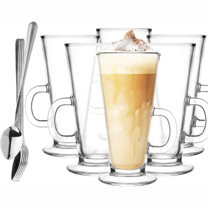 222212 - GLASMARK KROSNO 1992 - Set Gotash për Kafe me Doreza dhe Lugë, 6 Copë, 250 ml, Gota Qelqi, Të Mundshme për Lavatriçe