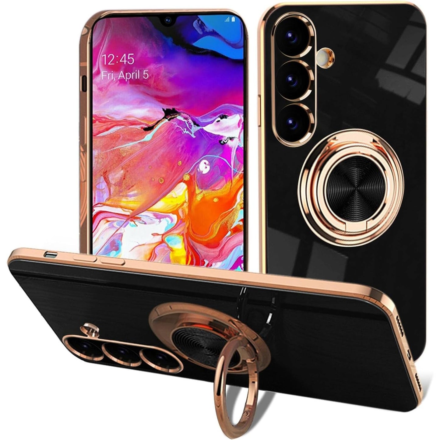 276991 - MBROJTËSE EYZUTAK për Samsung Galaxy S24 Plus, Mbrojtëse e hollë prej silikoni të butë me shkëlqim TPU me mbështetëse unaze 360 gradë, mbrojtëse kundër goditjeve, mbajtëse magnetike për gishta në makinë - e zezë