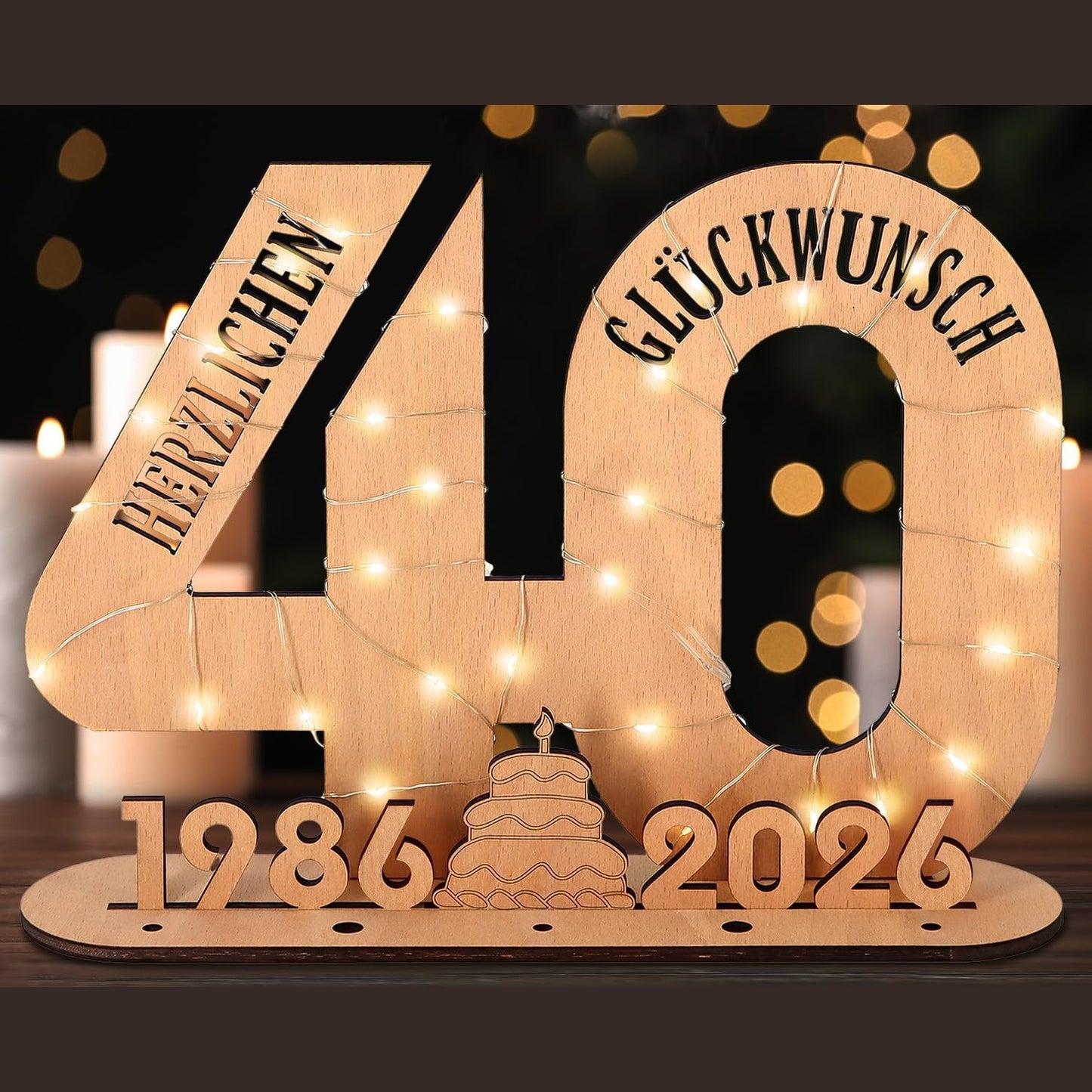 198747 - GIFTOTA - Dhuratë Origjinale e Ditëlindjes së 40-të për Gra dhe Burra, Përvjetori i Martesës me Ngjyrë Rubini, Dhuratë me Para 40, Drita LED me Tel, Stand, Tabelë Druri, Libër Vizitorësh, Dekorime për Ditëlindjen e 40-të