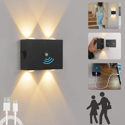 168128 - VOMI Llambë Muri e Rikarikueshme LED me Sensor Lëvizjeje, Alumini, USB 4000mAh, pa Tel, për Dhoma Gjumi, Shkallë, Kolonada
