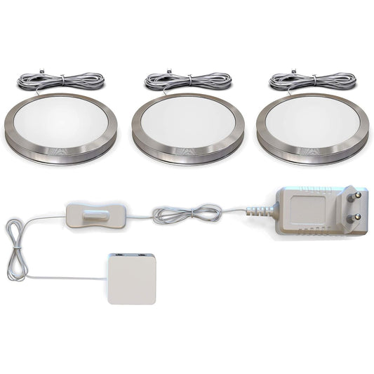 175645 - BKLICHT - Set prej 3 Drita LED nën Dollap Kuzhine me Çelës Kabllor, Dritë e Bardhë e Ngrohtë, 1.8W secila, Shirit Dritash për Ndriçim Dollapi, Dimensione 5.9 x 0.95 cm, Ngjyrë Alumini