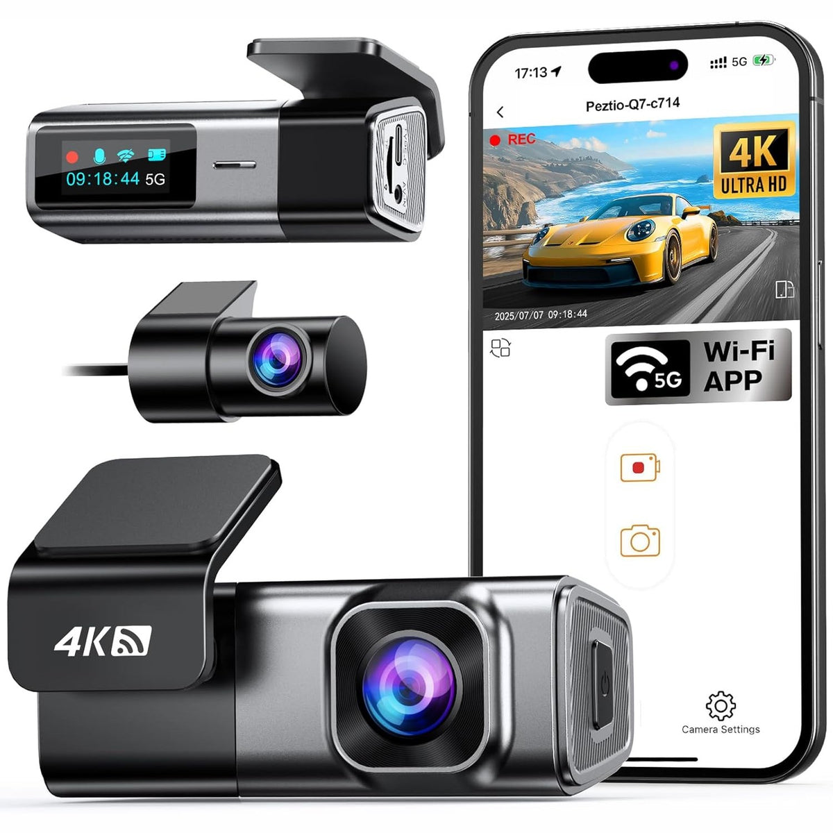 299256 - Kamera Para dhe Pasme 4K+1080P, WiFi Navycrest 5GHz me Kartë SD 64GB, Kamera e Dyfishtë e Makinës me Super Shikim Nate, WDR, Sensor G, Monitorim Parkimi 24/7, Regjistrim në Cikël, Kontroll me Aplikacion, Maksimumi 256GB