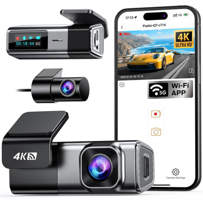 299256 - Kamera Para dhe Pasme 4K+1080P, WiFi Navycrest 5GHz me Kartë SD 64GB, Kamera e Dyfishtë e Makinës me Super Shikim Nate, WDR, Sensor G, Monitorim Parkimi 24/7, Regjistrim në Cikël, Kontroll me Aplikacion, Maksimumi 256GB