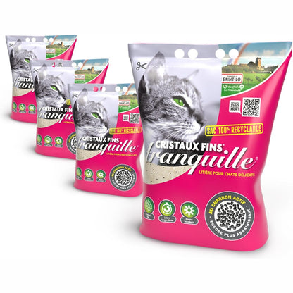 218596 - Tranquille Plehra për mace me kristale silici + qymyr druri aktiv, Ultra absorbues, Pako me 4 x 3.70L, higjienike pa pluhur