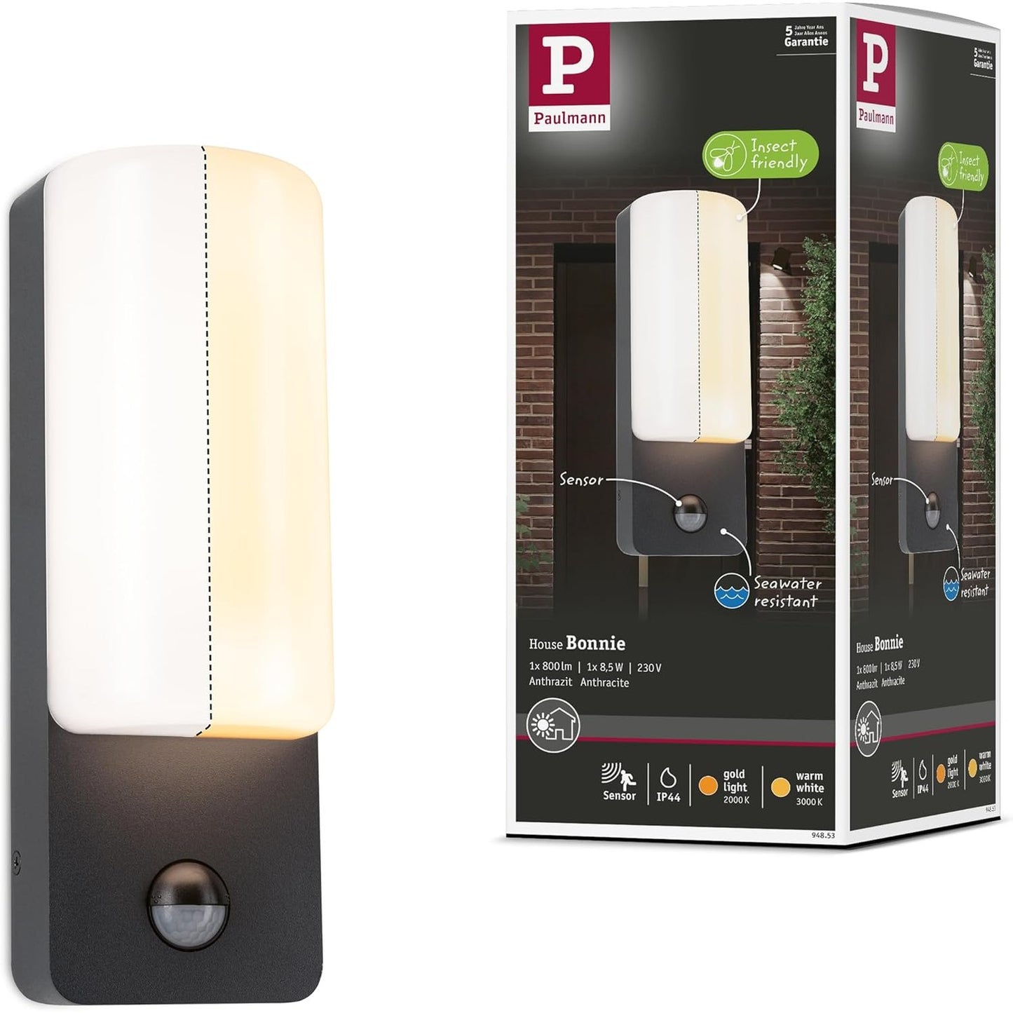 213437 - PAULMANN Llambë muri LED për jashtë me detektor lëvizjeje, miqësore me insektet dhe rezistente ndaj ujit të detit, IP44, 93x77 mm, 2200-3000K, 8.5 W, 560lm, 230V