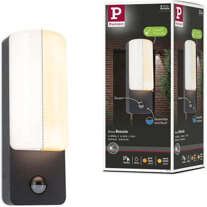 213437 - PAULMANN Llambë muri LED për jashtë me detektor lëvizjeje, miqësore me insektet dhe rezistente ndaj ujit të detit, IP44, 93x77 mm, 2200-3000K, 8.5 W, 560lm, 230V
