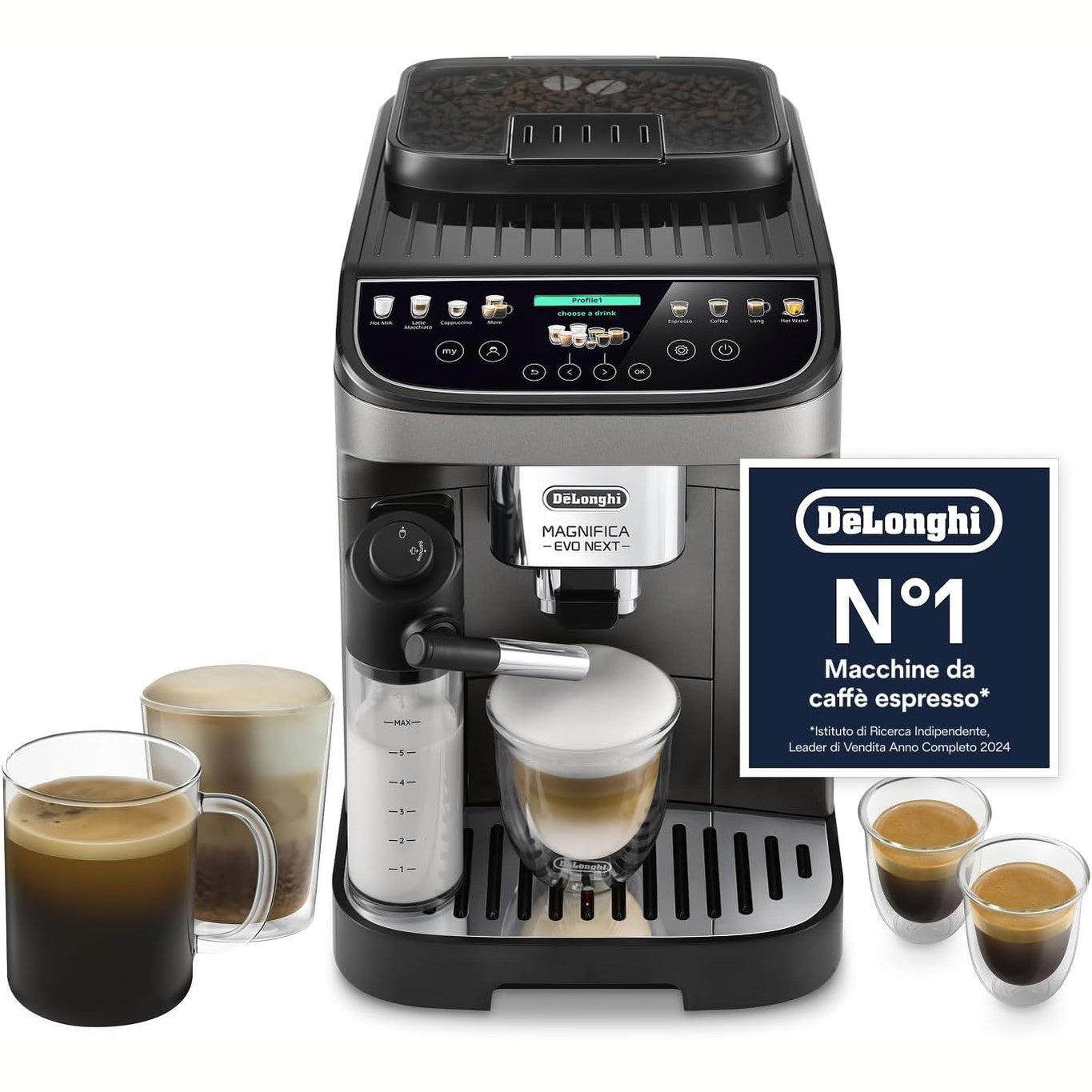 288046 - DE'LONGHI Makinë kafeje automatike Magnifica Evo Next, me LatteCrema, shkumëzues automatik qumështi, 13 pije me një prekje, ekran me prekje me ngjyra, Titanium dhe e zezë (ECAM312.80.TB)