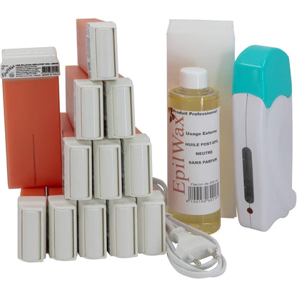 316246 - EPIWAX Set i plotë për heqjen e qimeve: 1 ngrohës dylli, 12 roll-on me dyll Argani 100 ml, 100 shirita depilimi, 1 shishe vaji pas depilimit 250 ml