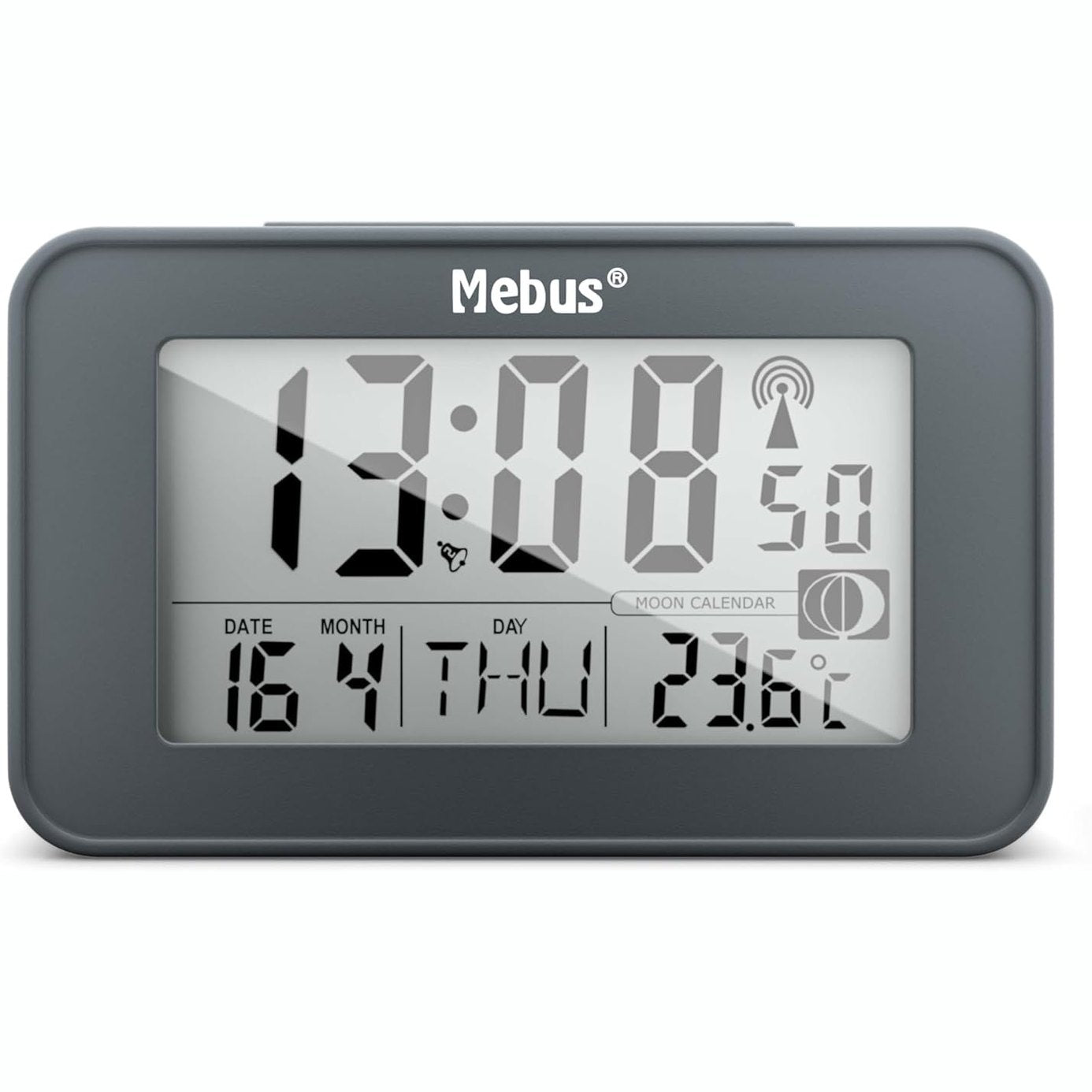 186135 - MEBUS Orë Alarmi Dixhitale Radio e Kontrolluar, Plastike, Modeli 51460, me Kalendar Hënor, Dritë, Termometër të Brendshëm, 2 Orë Alarmi, Funksion Shtyrjeje, Ngjyra Gri