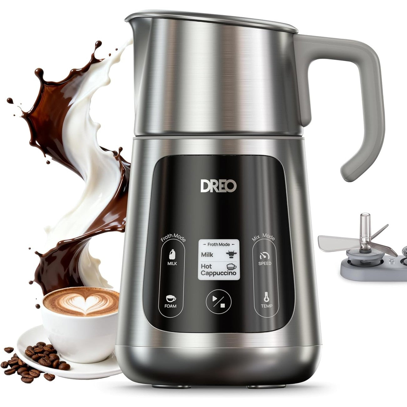 167308 - DREO Shkumëzues Qumështi Gjithë-në-Një, Shkumëzues Automatik me Mikrofibër, Ngrohës Elektrik Qumështi me Kapacitet 800ml, për Latte Art Level dhe Pije Kafe të Nxehtë dhe të Ftohtë