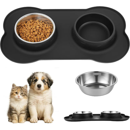 229720 - ENË PËR KAFSHË SHTËPIAKE, Set çeliku inox, dizajn që nuk derdhet, tabaka silikoni që nuk rrëshqet, 36 x 21 cm