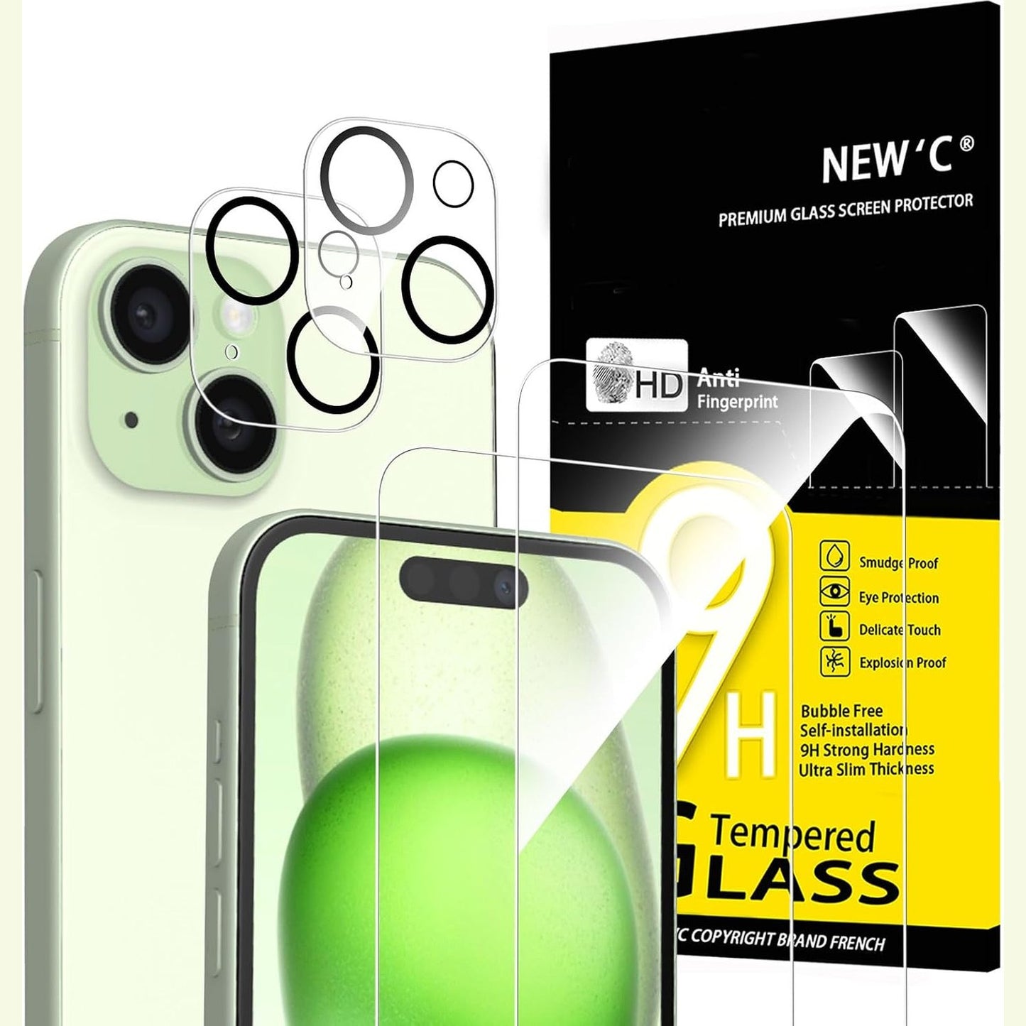 274649 - NEW'C për iPhone 15, mbrojtës ekrani xhami të temperuar 6.1 inç (2 copë) dhe 2 mbrojtës lente kamerash (2 copë) - xham i temperuar 9H