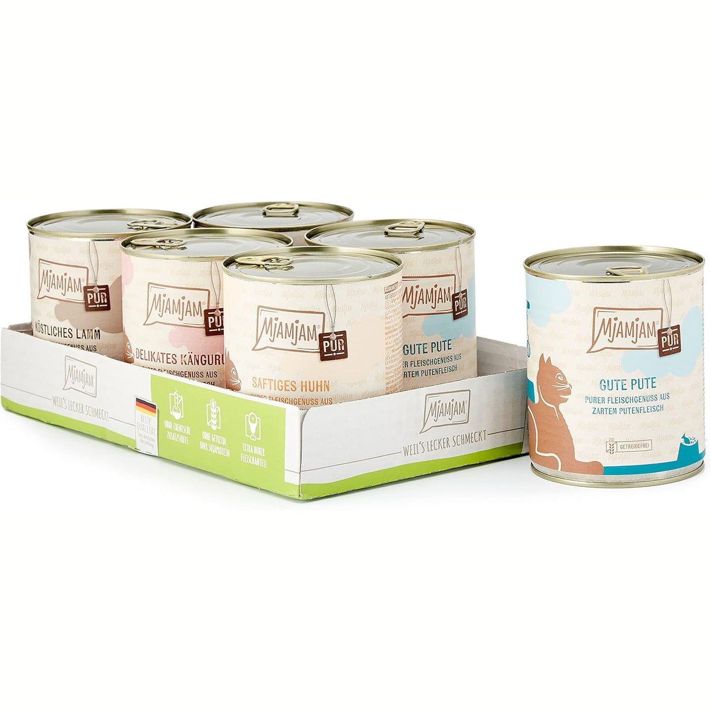 213716 - MjAMjAM - Ushqim i lagësht premium për mace - Paketa e përzier V - Kënaqësi e pastër mishi, pako me 6 copë (6 x 800 g), pa drithëra me mish shtesë, me shije mishi