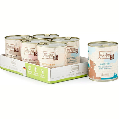 213716 - MjAMjAM - Ushqim i lagësht premium për mace - Paketa e përzier V - Kënaqësi e pastër mishi, pako me 6 copë (6 x 800 g), pa drithëra me mish shtesë, me shije mishi