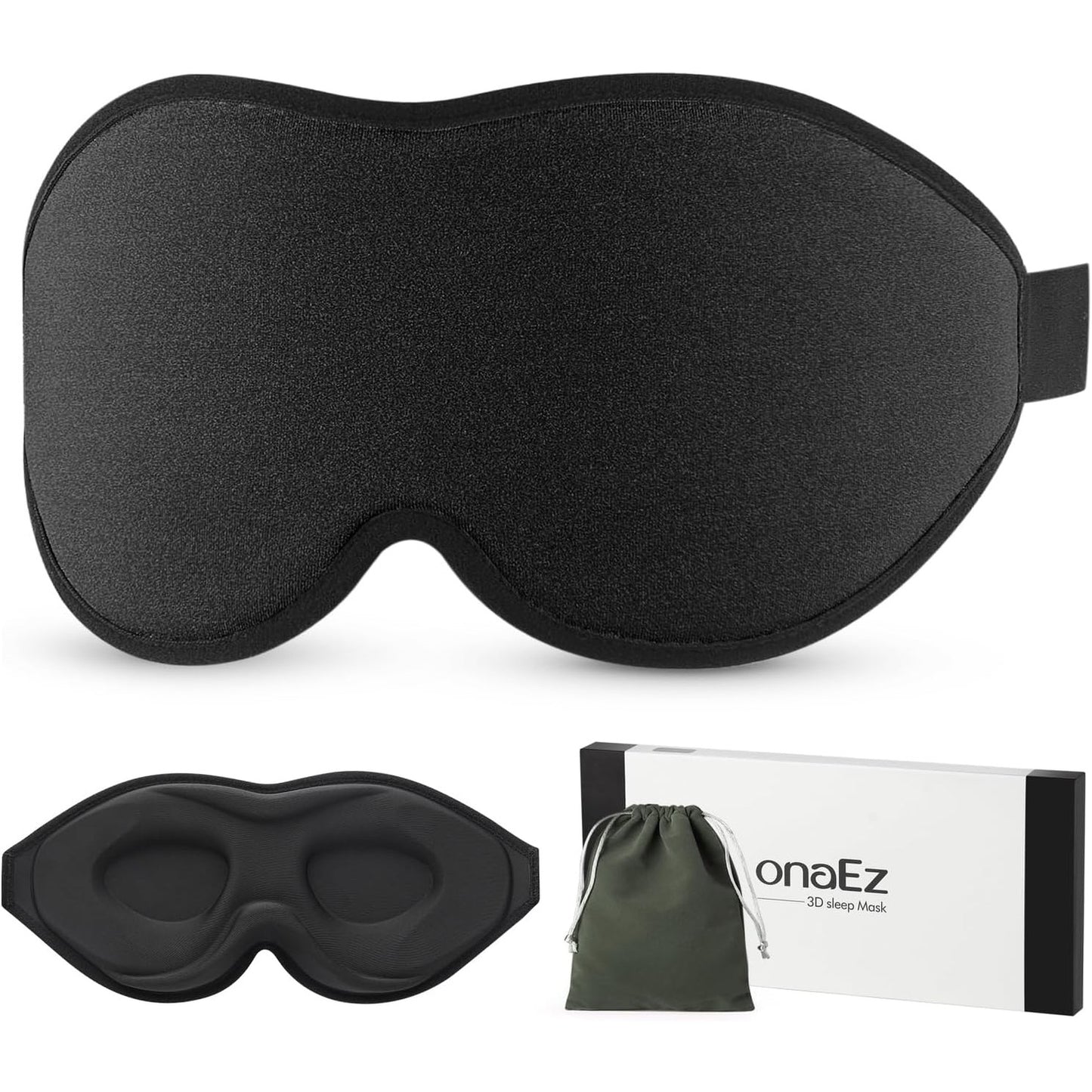 317799 - ONA EZ Maskë Gjumi 3D për Burra dhe Gra, maskë sy total bllokuese e dritës, zgavra sy të fundura 12 mm, jastëkë hunde të ngritur, maskë gjumi prej mëndafshi akullor për udhëtim, dremitje, e zezë