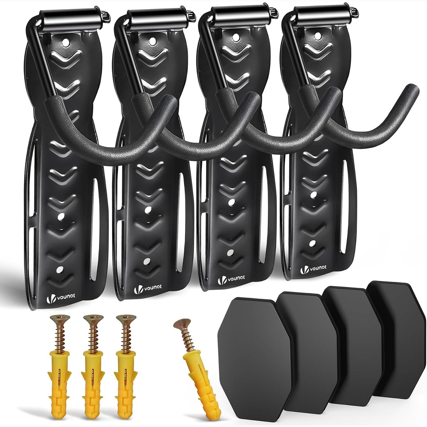 288871 - VOUNOT® Set me 4 pjesë për montime muri për biçikleta, mbajtëse çeliku, grepa biçikletash, e zezë