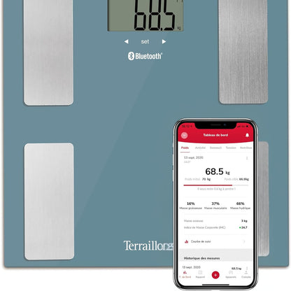 275153 - TERRAILLON Peshore e Lidhur SMART CONNECT për Banjo, Peshore BMI, 8 Përdorues, Bluetooth me Energji të Ulët, Kapacitet 160 kg, Blu Benzine