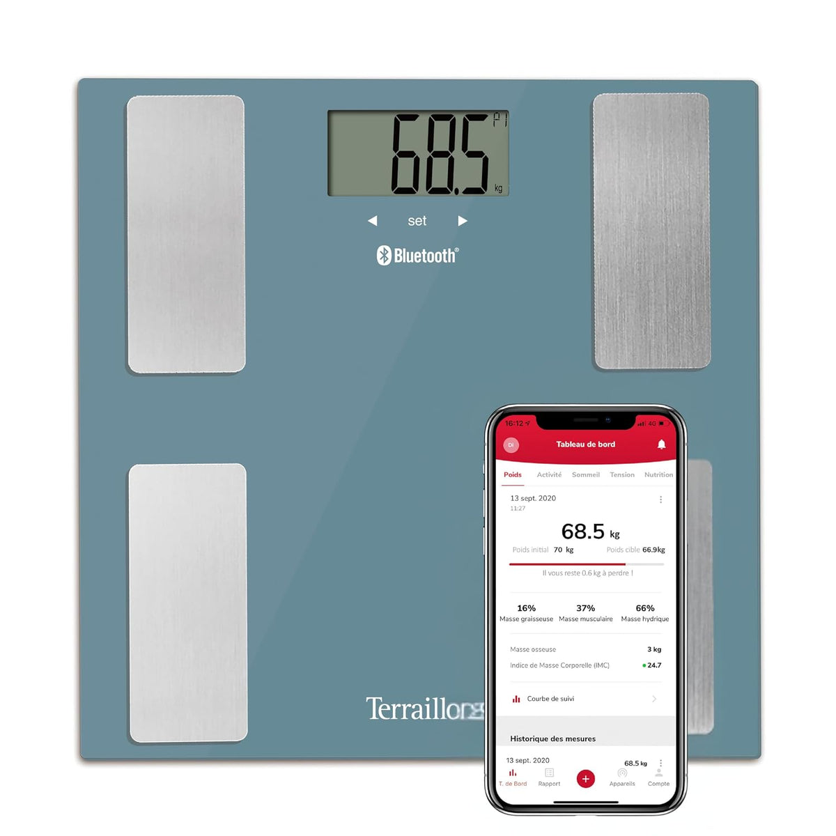 301997 - TERRAILLON SMART CONNECT, Peshore e Lidhur për Banjo, Kapacitet 160 kg, Bluetooth, Blu Benzine
