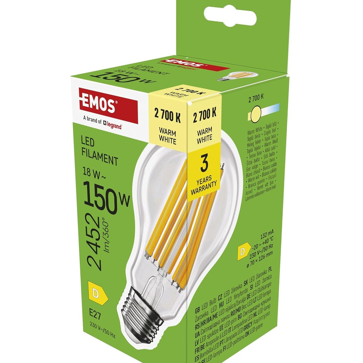 186730 - EMOS LED Llampa Edison A70, 18W (Eq. Llambë Inkandeshente 150W), Baza E27, 2452 lm, E Bardhë e Ngrohtë 2700 K, Jetëgjatësi 25000 Orë, CRI > 80, Kënd Rrezeje 360°