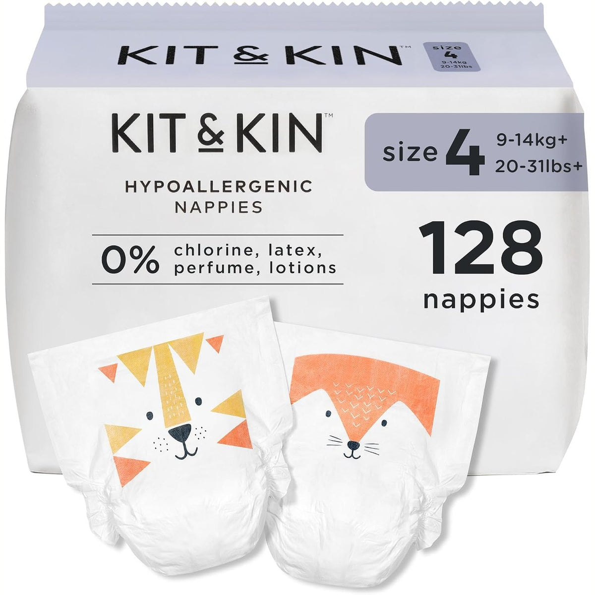 305866 - KIT & KIN Pelena Premium Madhësia 4 (9-14 kg) 128 copë, pelena për foshnje me bazë bimore dhe hipoalergjike, mbrojtje nga rrjedhjet