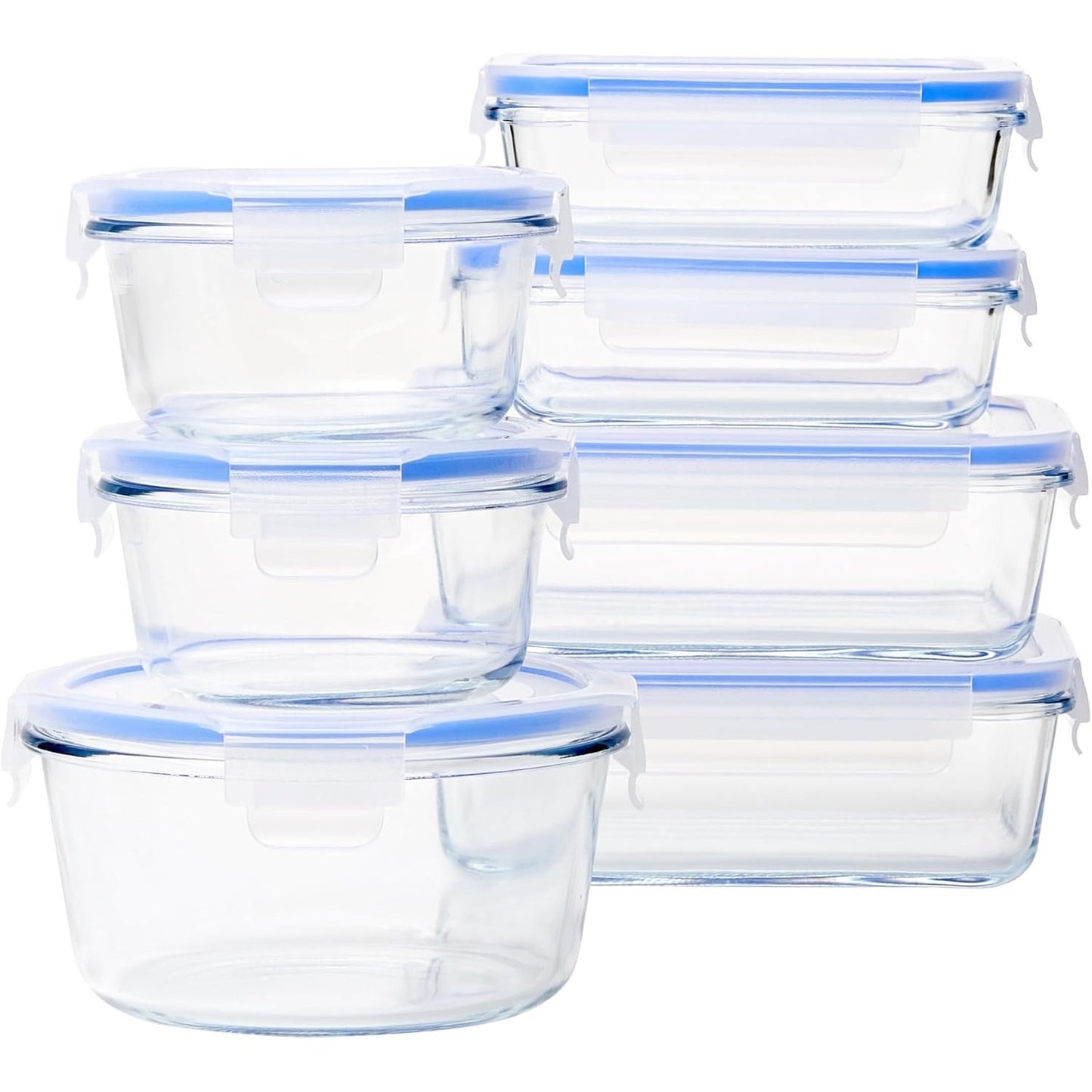 263543 - ENË QELQI TË PAPËRSHKUESHME nga rrjedhjet Amazon Basics, set me 14 pjesë, 7 enë dhe 7 kapakë plastikë, transparente, blu, pa BPA