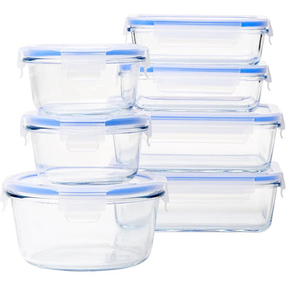 263509 - AMAZON BASICS - Set me 14 enë qelqi të papërshkueshme nga rrjedhjet me kapakë plastikë, transparente, blu, pa BPA