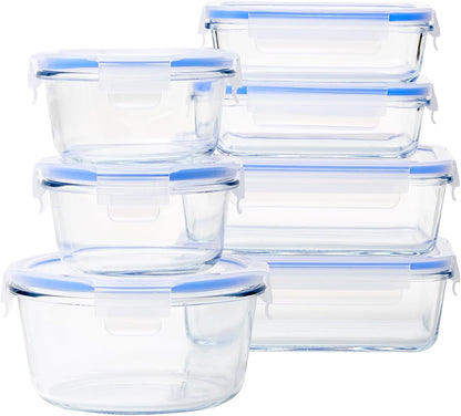 263453 - Amazon Basics Enë qelqi të papërshkueshme nga rrjedhjet me kapakë, set me 14 pjesë, 7 enë dhe 7 kapakë plastikë, transparente, blu, pa BPA